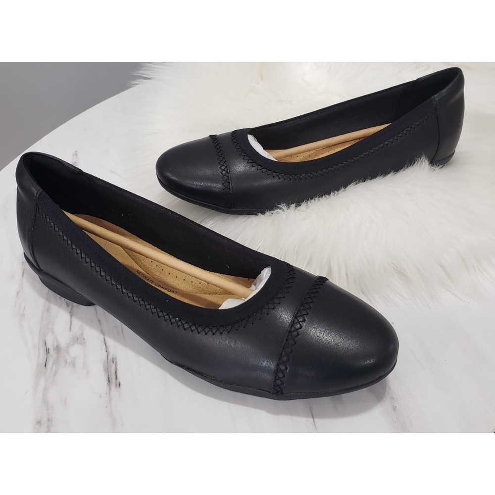 NEW NO BOX 9.5 WIDE CLARKS Sara Bay Ballet Flat Women's Black Leather